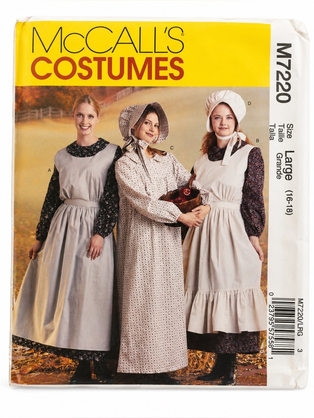 McCall 7220 16-18 Apron Pinafore Dress Bonnet Farm Colonial Costume Pattern Gown